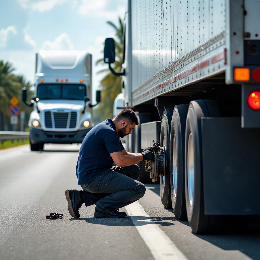 Heavy duty truck repair on an 18 wheeler at the roadside in Miami FL